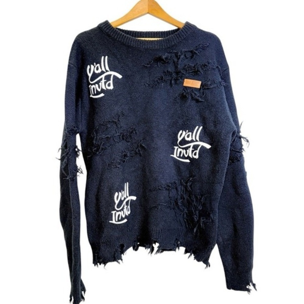 Kleep Distressed Sweater Mens Large Pre-Owned Y'all Invtd Knit Black Wool Mohair
